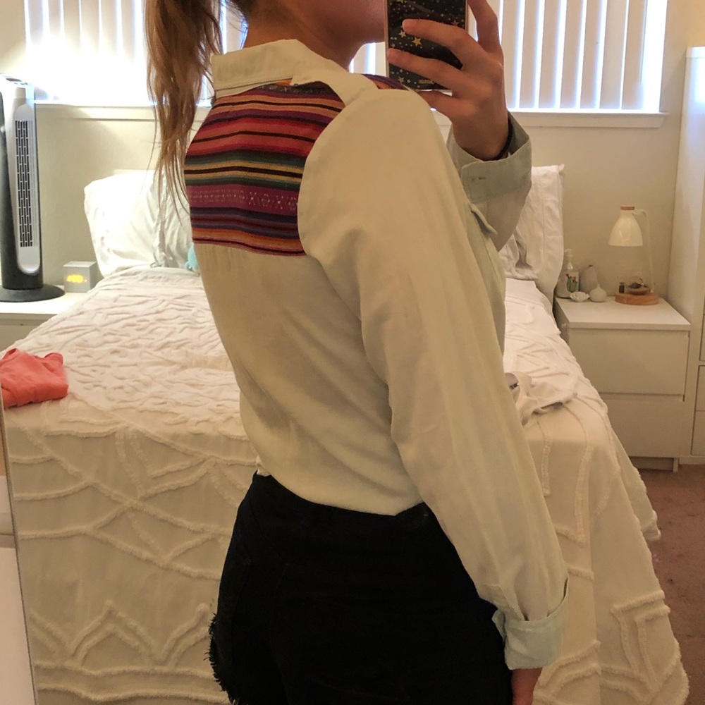 Denim Button Down Shirt With Patterned Upper Back - image 7